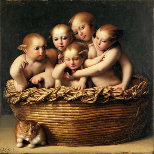 Image similar to Renaissance painting of a basket of kittens