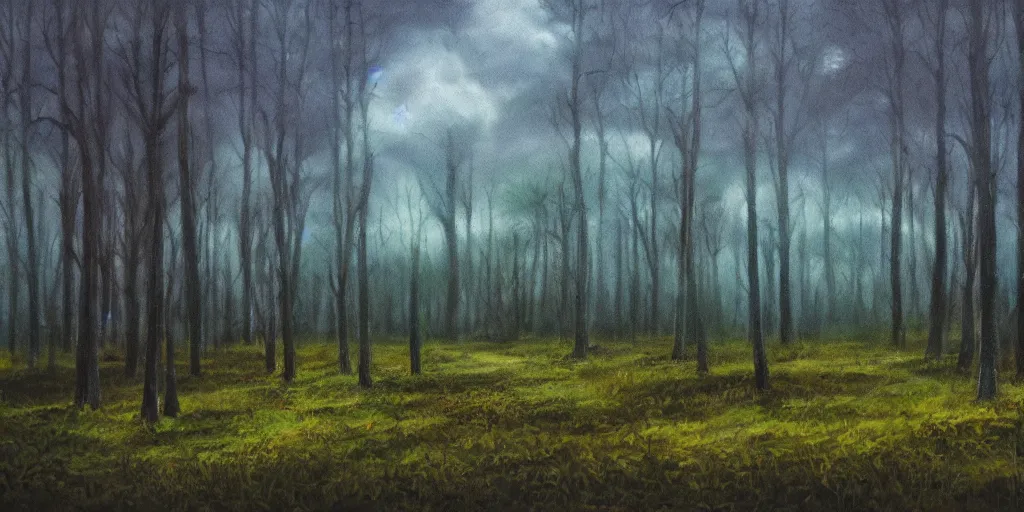 Image similar to Forest in the style of Roch Andreas, cinematic, 4k ,35mm, photorealism, clouds, painting