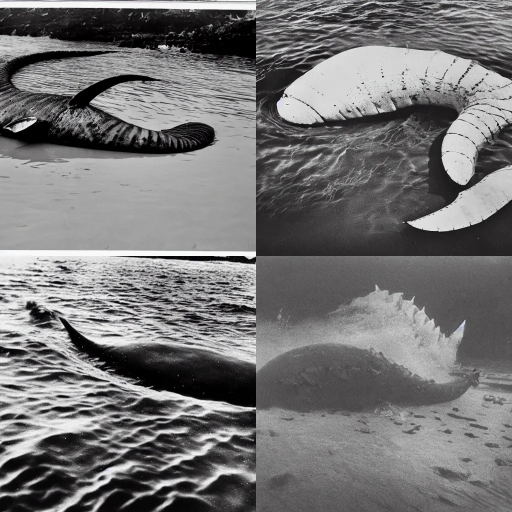 Prompt: vintage black and white photo of a giant unknown sea creature that washed ashore