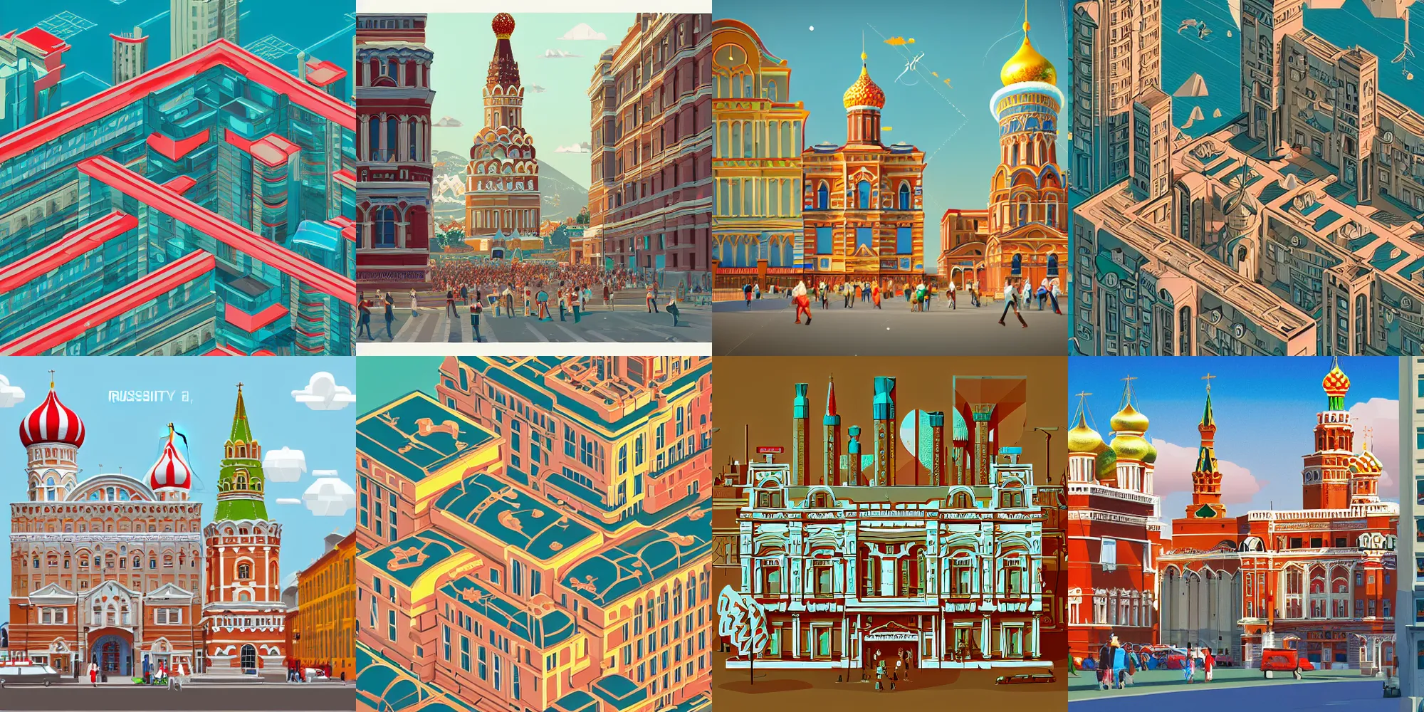 Prompt: russia, isometry, a wonderful future, retro architecture, a crowd of adults and children, holiday, joy, clear day, concept, drawing, high detail, in the style of artstation