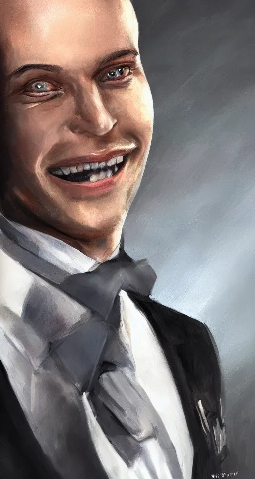 Image similar to a hyper realistic portrait of a handsome smiling male alien in a suit for advertisement, artstation