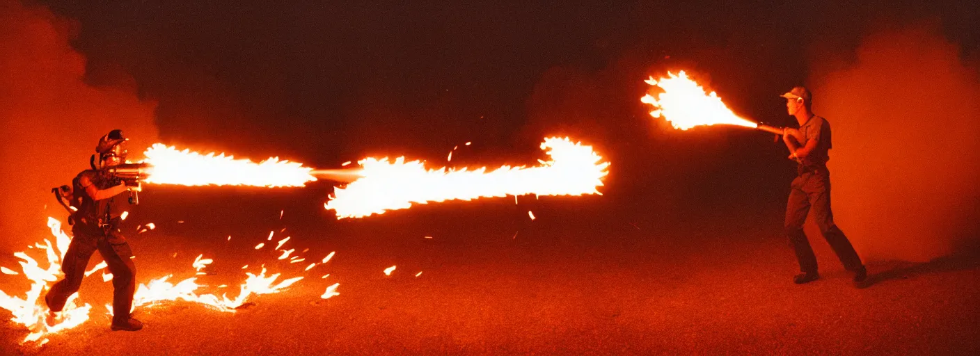 Prompt: a guy firing from a flamethrower napalm, film footage porta 4 0 0 golden, epic burst of fire, cinematic contrast shot