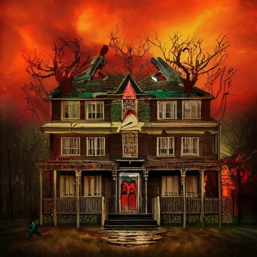 Image similar to creepy album art by chris bilheimer of a haunted house, surreal, 8 k