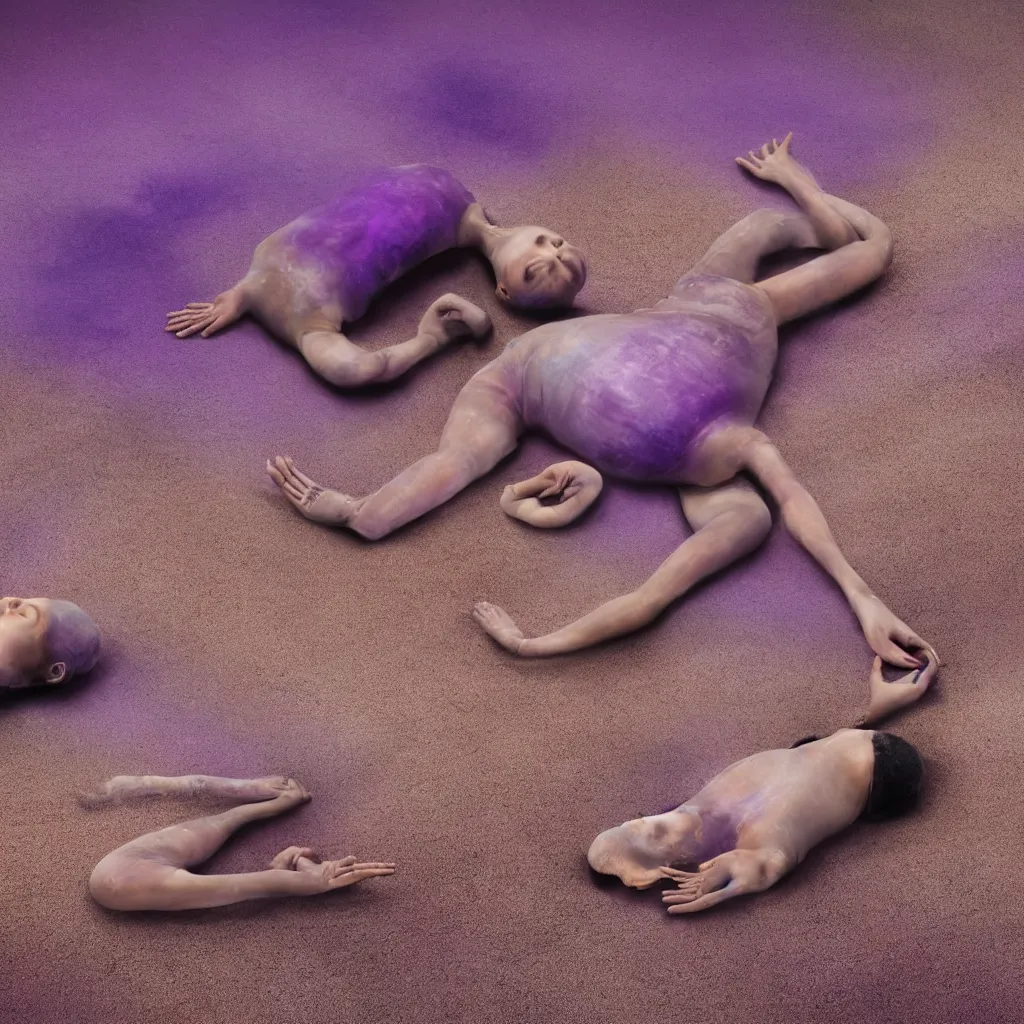 Image similar to close - up view of iridiscent oil spill in desert sand tempest with women corpses connected by cables and computers to wax forms to a buried baby relaxing on yoga mat, faded, purple gradient, dust, purple fog, depth of field, by werner herzog, hans bellmer and nadav kander, 8 k, sad atmosphere, cinematic