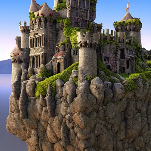 Prompt: a photorealistic painting of an old stone Castle in the sky, Zbrush, a detailed painting by Ansel Adams, vampire bats, lake, Luminescent, Bismuth, Daz 3D, behance contest winner, fantasy art, matte painting, matte drawing, storybook illustration