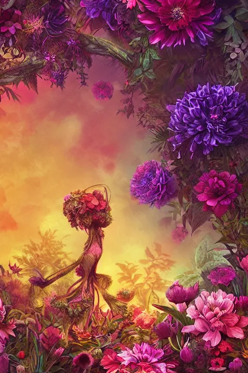 Prompt: beautiful digital matte painting of whimsical botanical illustration beautiful flowers enchanted dark background dark contrast by android jones, synthwave