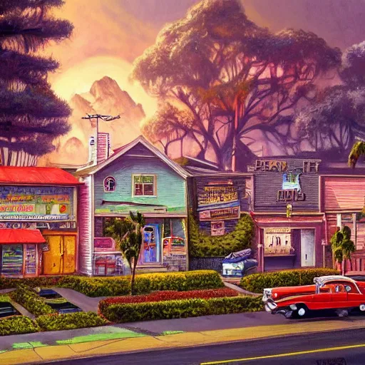 Prompt: 5 0 s tract home suburb on ancient post - apocalyptic planet, jim henson creature shop, vivid and colorful, thomas kincaid, cinematic, oil painting, highly detailed, illustration