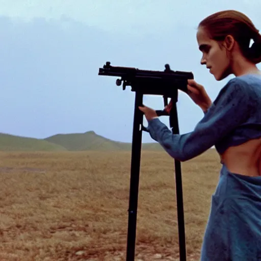 Prompt: film still, extreme far view, emma watson reloading browning 5 0 cal machine gun, film still from apocalypse now ( 1 9 7 9 ), 2 6 mm, kodak ektachrome, blue tint expired film,