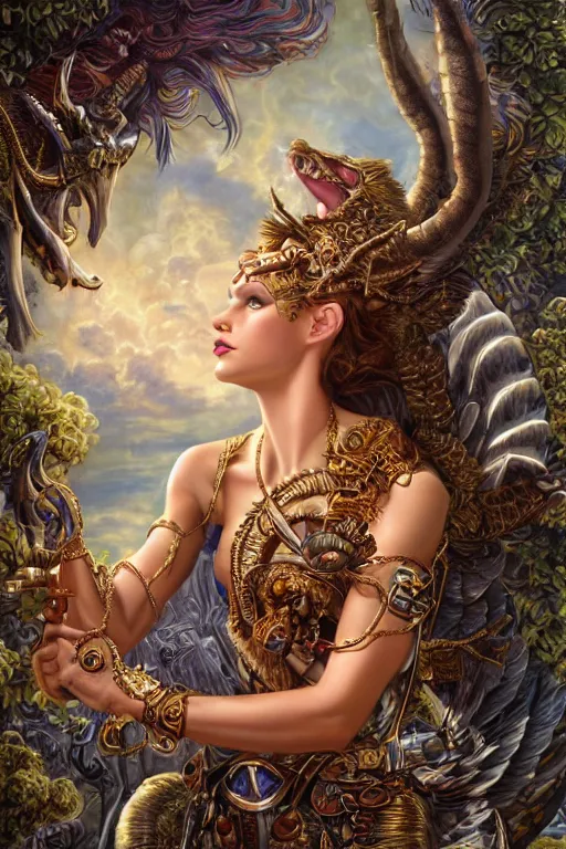 Image similar to Mystical Valkyrie, Portrait of a beautiful female Atlantean Reptilian Warrior, Realistic, Regal, Refined, Detailed Digital Art, Michael Cheval, Walt Disney (1937), François Boucher, Oil Painting, Steampunk, Highly Detailed, Cinematic Lighting, Unreal Engine, 8k, HD