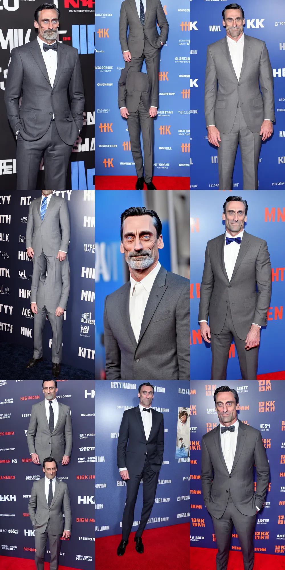 Prompt: full body 8k highly detailed photograph of John Hamm wearing a tight grey suit, black tie, blue shoes, on the red carpet at a movie premiere