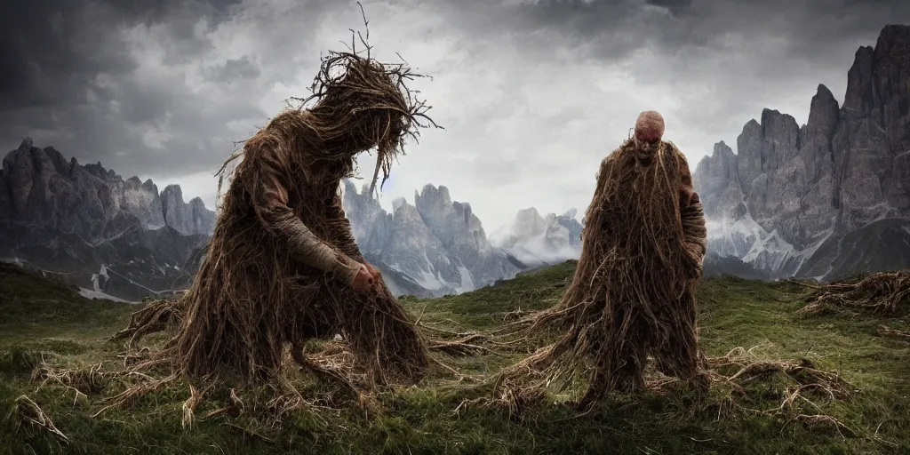 Image similar to alpine farmer transforming into a monster ,roots and hay coat, dolomites in background, dark, eerie, despair, portrait photography, artstation, digital art, concept art, artstation, highly detailed, sharp focus, by caravaggio