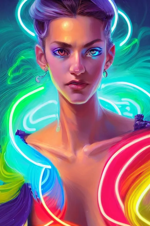 Image similar to a award winning half body portrait of a beautiful woman with stunning eyes in a off shoulder croptop and cargo pants with rainbow colored hair, outlined by whirling illuminated neon lines and fine lines swirling in circles by jesper ejsing and rhads and makoto and shinkai and lois van baarle, digital art, trending on artstation