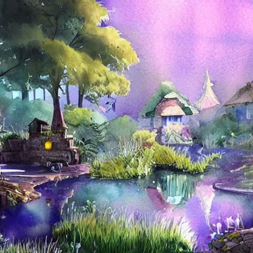 Image similar to Beautiful happy picturesque charming sci-fi village in harmony with nature. Beautiful light. Water and plants. Nice colour scheme, soft warm colour. Beautiful detailed watercolor by Lurid. (2022)
