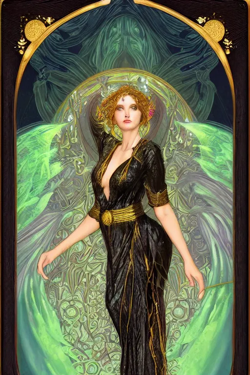 Prompt: a tarot card of a sorceress wearing a black robe with gold embroidery, casting a spell, green glows, painted by artgerm, tom bagshaw, alphonse mucha, and gustav klimt, in the style of magic the gathering, intricate, highly detailed digital art