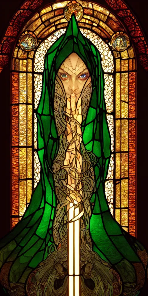 Prompt: stained glass window of sinister mage, snake queen, ancient, sand, emerald, intricate, highly detailed, digital painting, artstation, concept art, smooth, sharp focus, illustration, Unreal Engine 5, 8K, art by artgerm and greg rutkowski and alphonse mucha