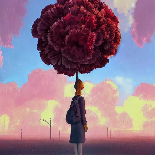 Image similar to giant carnation flower head, woman standing in metro station, surreal photography, dramatic light, impressionist painting, digital painting, artstation, simon stalenhag