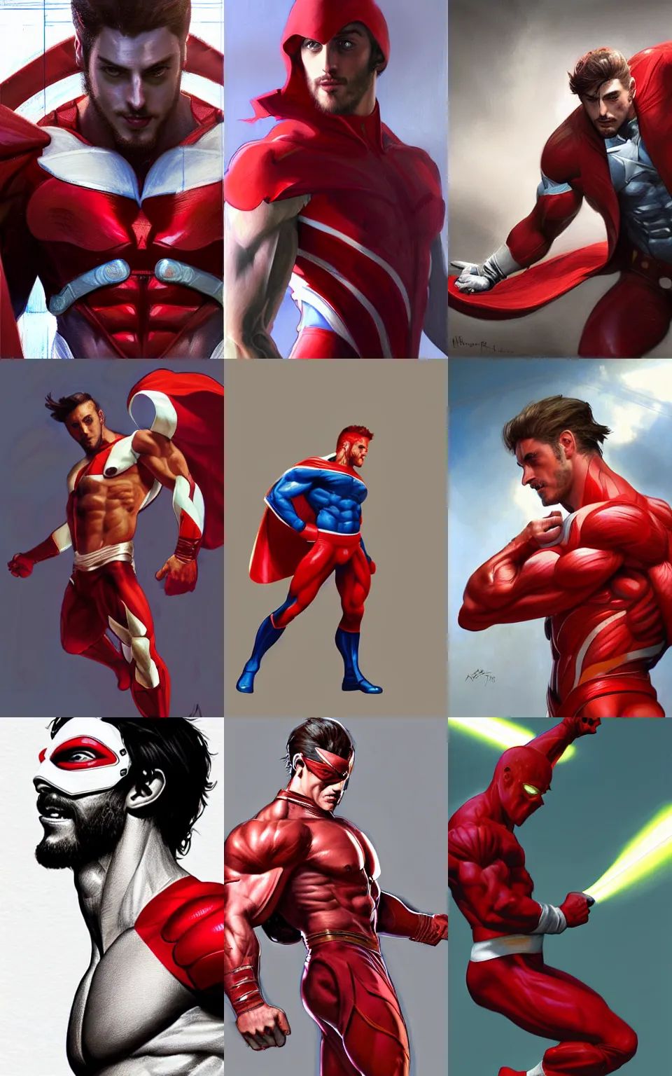 Prompt: character concept portrait of happy Aaron Taylor-Johnson as an acrobatic super-hero, muscular, abs, red-white spandex, elegant, digital painting, concept art, smooth, sharp focus, illustration, from Metal Gear, by Ruan Jia and Mandy Jurgens and William-Adolphe Bouguereau, Artgerm