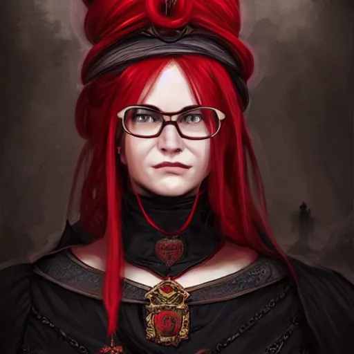 Prompt: female archmage, academy headmaster, long red hair tied up in a bun, black and red ornate!!! dress,, d & d, glasses, castle hallway background highly detailed, digital painting, artstation, concept art, sharp focus, illustration, cinematic lighting, art by artgerm and greg rutkowski and alphonse mucha