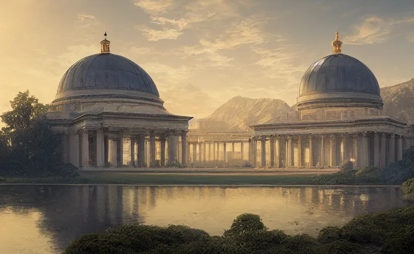Prompt: Neoclassical building with dome in the middle lake. By William-Adolphe Bouguerea, Jordan grimmer, fractal flame. Highly_detailded