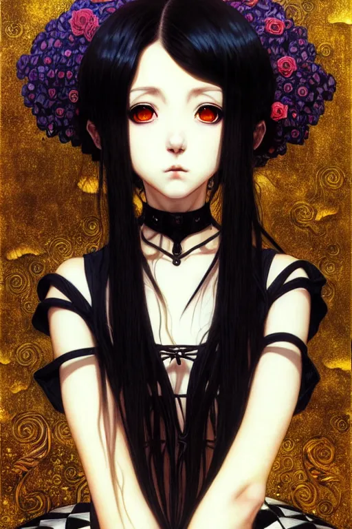 Image similar to portrait of beautiful young gothic anime maiden, cute-fine-face, pretty face, realistic shaded Perfect face, fine details. Anime, cyberpunk, Warhammer, highly detailed, artstation, illustration, art by Ilya Kuvshinov and Gustav Klimt and Gustav Klimt and Gustav Klimt and Gustav Klimt