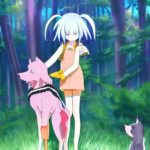 Prompt: Rem from Zero Two petting a dog in the forest. Beautiful anime lush forest background. Golden hour. Trending on art station