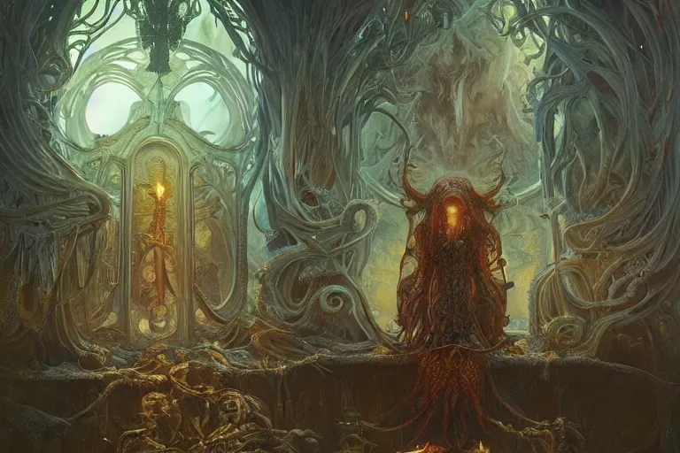 Image similar to a lovecraftian painting of a demonic shrine, occult, sacred ritual, cosmic horror elements, ultra realistic, concept art, intricate details, eerie, highly detailed, photorealistic, octane render, 8 k, unreal engine. art by artgerm and greg rutkowski and alphonse mucha