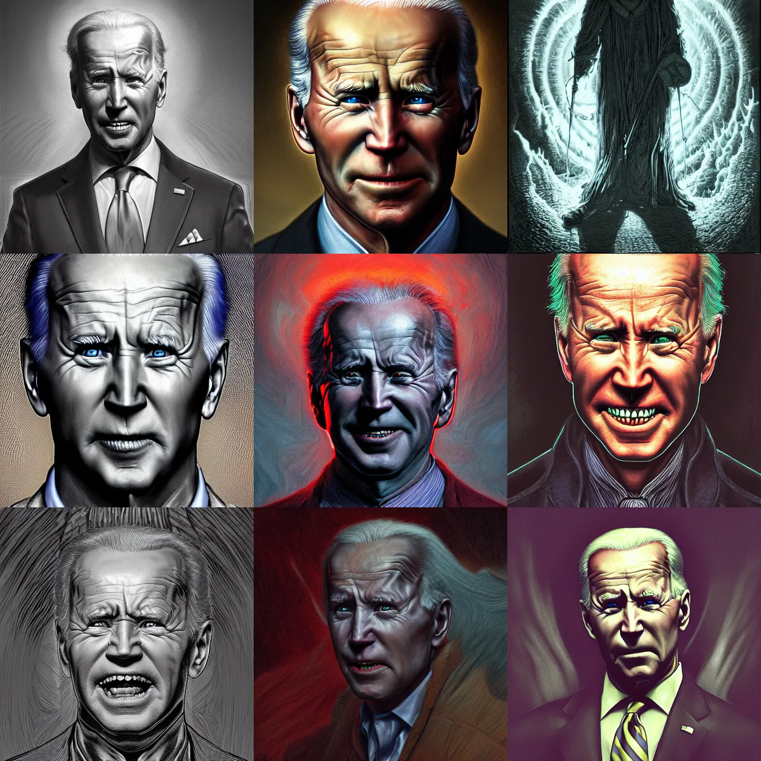 Prompt: Photorealistic demonic Joe Biden in the style of Michael Whelan and Gustave Dore. Hyperdetailed photorealism, 108 megapixels, amazing depth, glowing rich colors, powerful imagery, psychedelic Overtones, 3D finalrender, 3d shading, cinematic lighting, artstation concept art