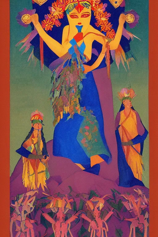 Prompt: queen of spring, by Nicholas Roerich and Tino Rodriguez and Diego Rivera , elaborate headdress and embroidered velvet, iridescent beetles, rich color, dramatic cinematic lighting, extremely detailed