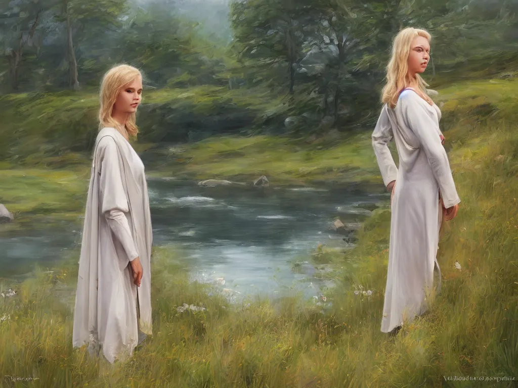 Image similar to blonde female jedi, Swedish countryside, landscape view, archipelago, painting by Vladimir Volegov, wlop, artstation