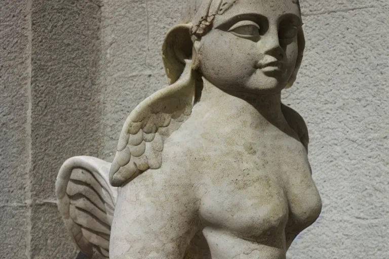 Image similar to white marble in shape of a winged sphinx on a pedestal was of bronze and was thick with verdigris the face was towards camera with a faint shadow of a smile on the lips and it was greatly weather-worn, medium format film color photography