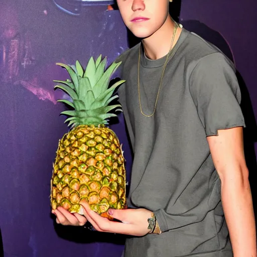 Image similar to justin bieber with a gun next to a pineapple