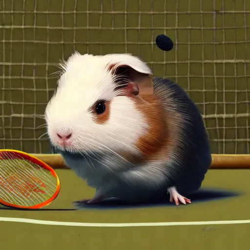 Prompt: a cute guinea pig plays tennis. detailed digital art by greg rutkowski, keith parkinson, marc simonetti, artgerm, artstation, deviantart, 8k, hd