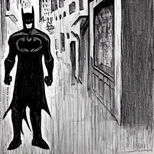 Prompt: Batman standing in a alleyway in the style of Edward Munch