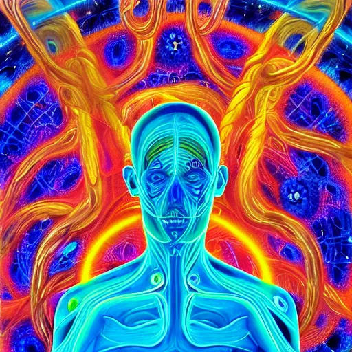 Image similar to a medical illustration painted by Alex-Grey dmt-art, psychedelic painting of a man thinking across the galaxy with the astral plane connection of millions of eyes forming a vortex of consciousness