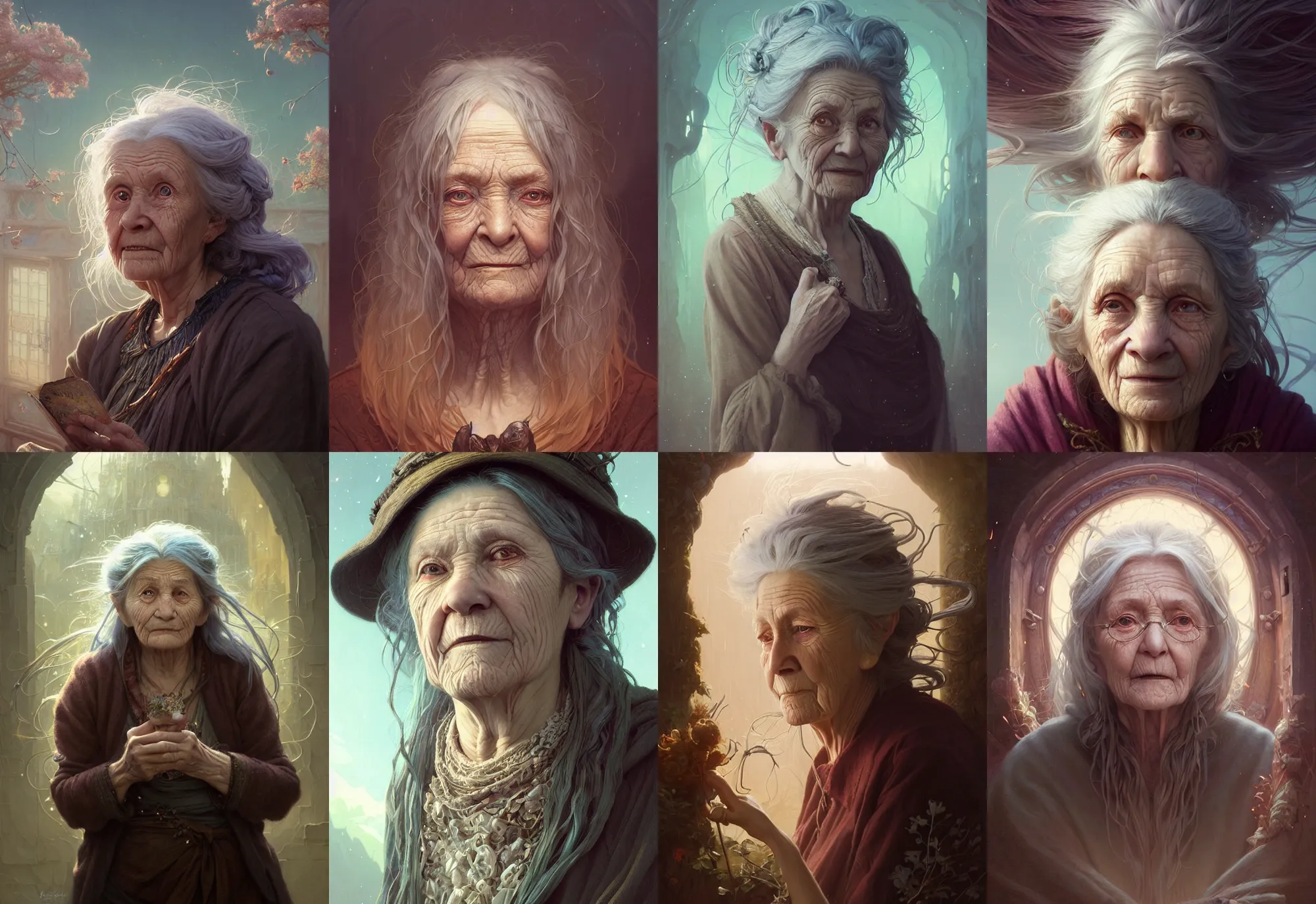 Image similar to highly detailed portrait of a very old woman with long hairs, stephen bliss, unreal engine, fantasy art by greg rutkowski, loish, rhads, ferdinand knab, makoto shinkai and lois van baarle, ilya kuvshinov, rossdraws, tom bagshaw, alphonse mucha, global illumination, radiant light, detailed and intricate environment