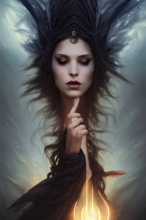 Image similar to seductive looking sorceress prays!!! magic the gathering, windy hair!, surreal dark fantasy, cinematic volumetric lights, portrait, dnd, intricate, elegant, highly detailed, digital painting, artstation, concept art, smooth, sharp focus, illustration, art by artgerm and tom bagshaw and greg rutkowski and alphonse mucha