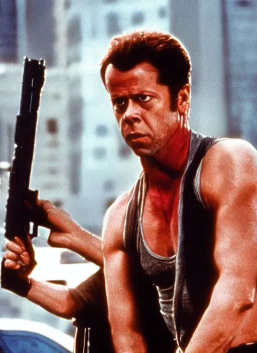 Image similar to film still of Sigourney Weaver as John McClane in Die Hard, 4k