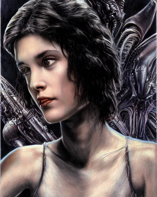 Image similar to beautiful young winona ryder from alien with xenomorph by h. r. giger, detailed proportional trending on art station, 4 k, 9 0's movie poster