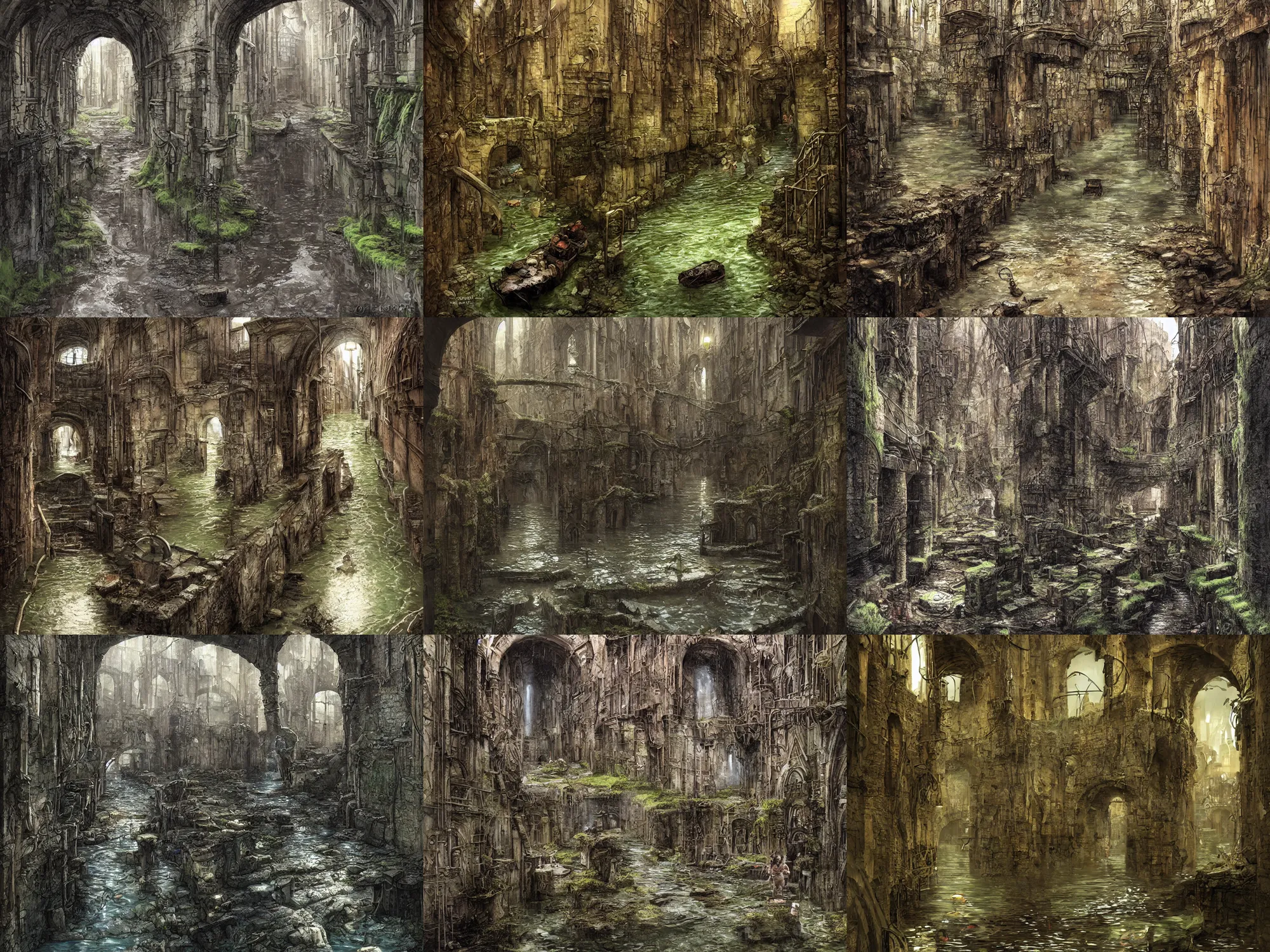 Prompt: inside the ancient flooded sewers in the old part of the city. fantasy art, layers of architecture, adventure, wet, standing water, channel, canal, boat, lamp, running water, stream, channel, musty, moss, sewage, dark, underground, abandoned spaces, torch - lit. by ralph mcquarrie and fred fields