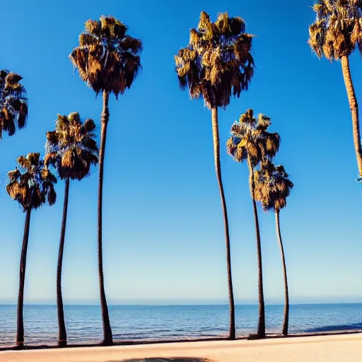 Prompt: a line of palm trees floating in sky over a santa monica beach, line of palm trees floating in sky recedes into distance, line of palm trees floats upright into blue sky, california