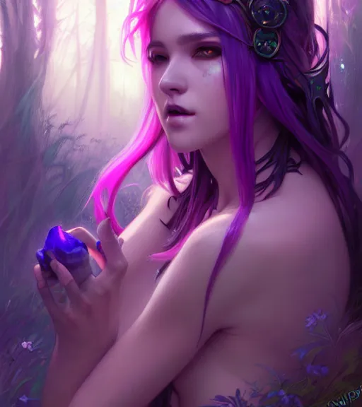 Image similar to stunningly beautiful female neon and purple hair, fantasy art, fae priestess, lush forest landscape, dark light night, goddess sharp focus, digital, painting, 8 k, concept art, art by wlop, artgerm, greg rutkowski and alphonse mucha