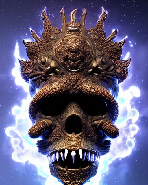 Image similar to 3 d ornate carved dark cosmic king with profile portrait, sigma 5 0 0 mm f / 5. beautiful intricate highly detailed quetzalcoatl skull. bioluminescent, plasma, lava, ice, water, wind, creature, thunderstorm! artwork by tooth wu and wlop and beeple and greg rutkowski, 8 k trending on artstation