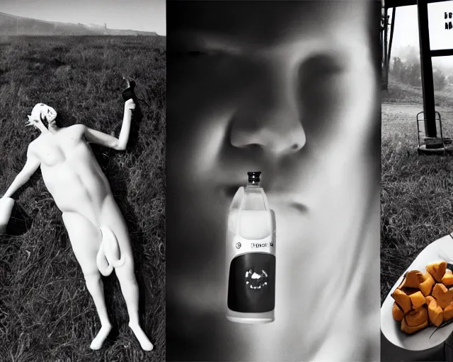 Prompt: incredible absurd nihilistic surreal photoshoot advertisement for milk, people drinking milk and dairy products in the style of tim walker, vsco film grain