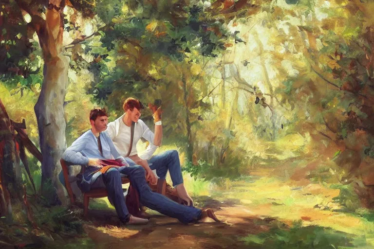 Image similar to 2 attractive men sitting on a coach in forest, painting by vladimir volegov, tom of finland, trending on artstation