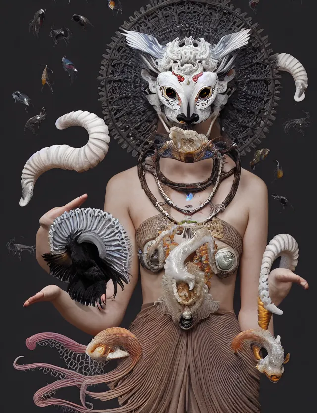 Image similar to 3 d goddess half - turn portrait with ram skull. beautiful intricately detailed japanese crow kitsune mask and clasical japanese kimono. betta fish, jellyfish phoenix, bio luminescent, plasma, ice, water, wind, creature, artwork by tooth wu and wlop and beeple and greg rutkowski