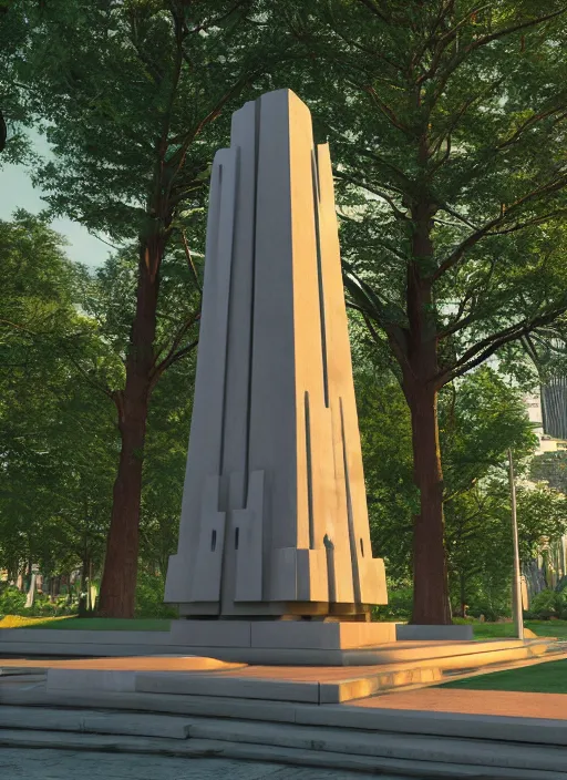 Image similar to highly detailed realistic architecture 3 d render of a futuristic stele monument in frank lloyd wright style standing in city park, archdaily, made in unreal engine 4 octane render