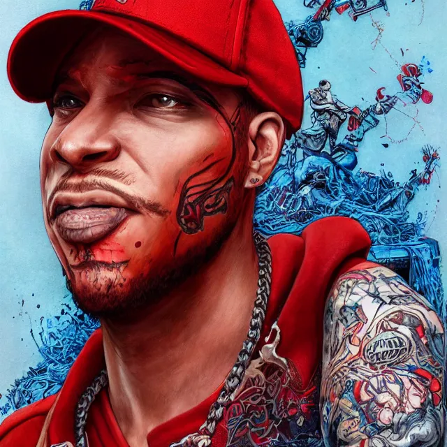 Image similar to the portrait of chaotic neutral los angeles blood's gang member wearing a red dodgers baseball cap, an ultrafine hyperdetailed illustration by kim jung gi, irakli nadar, intricate linework, bright colors, octopath traveler, final fantasy, unreal engine 5 highly rendered, global illumination, radiant light, detailed and intricate environment