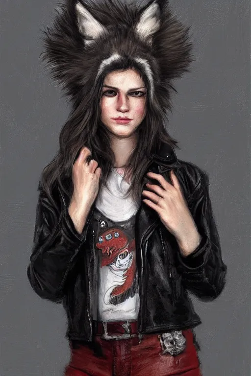 Image similar to portrait of a punk girl wearing a leather jacket with a wolf's head on her head, painted by waterhouse, bagshaw, digital painting, artstation