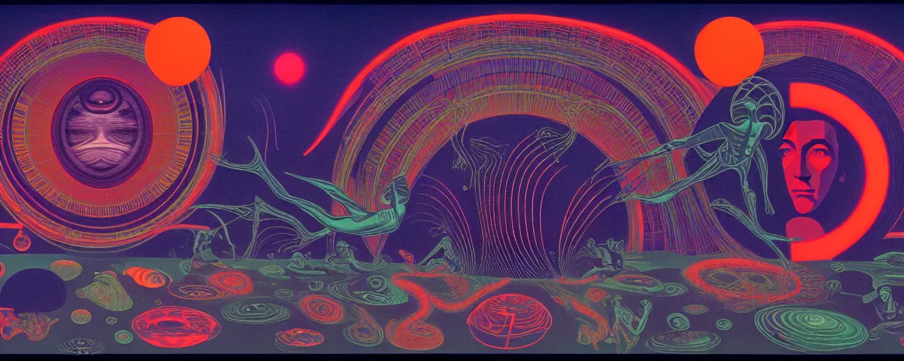 Prompt: 1968 cut out collage, theater stage, neon Greek, dusk on Jupiter, epic theater, deep sea ambience, aquatic plants, film noir, in part by Alex Grey, part by Moebius, composition William S Boroughs, written by H. P. Lovecraft