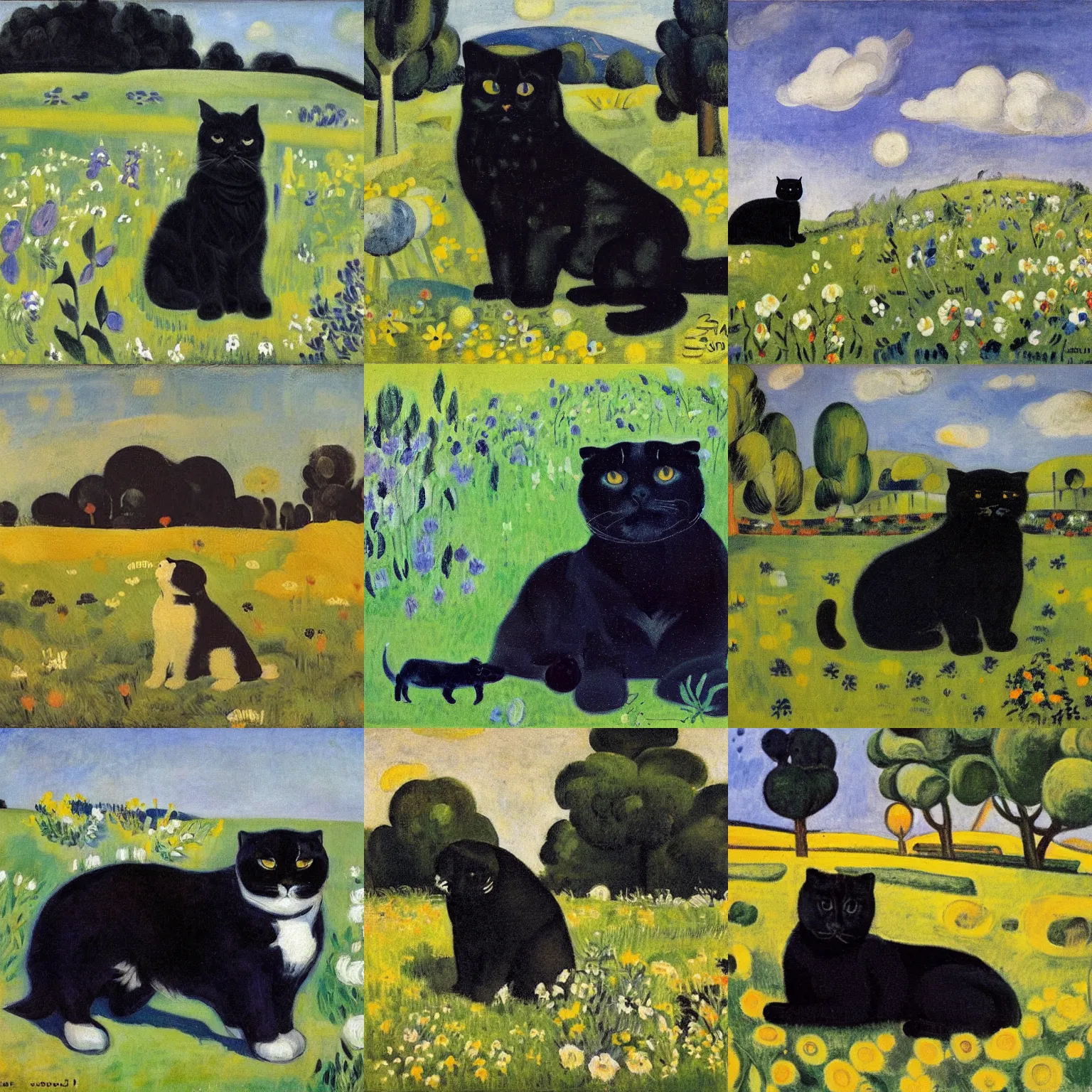 Prompt: a black scottish fold sitting in the middle of sunny meadow, by martiros saryan
